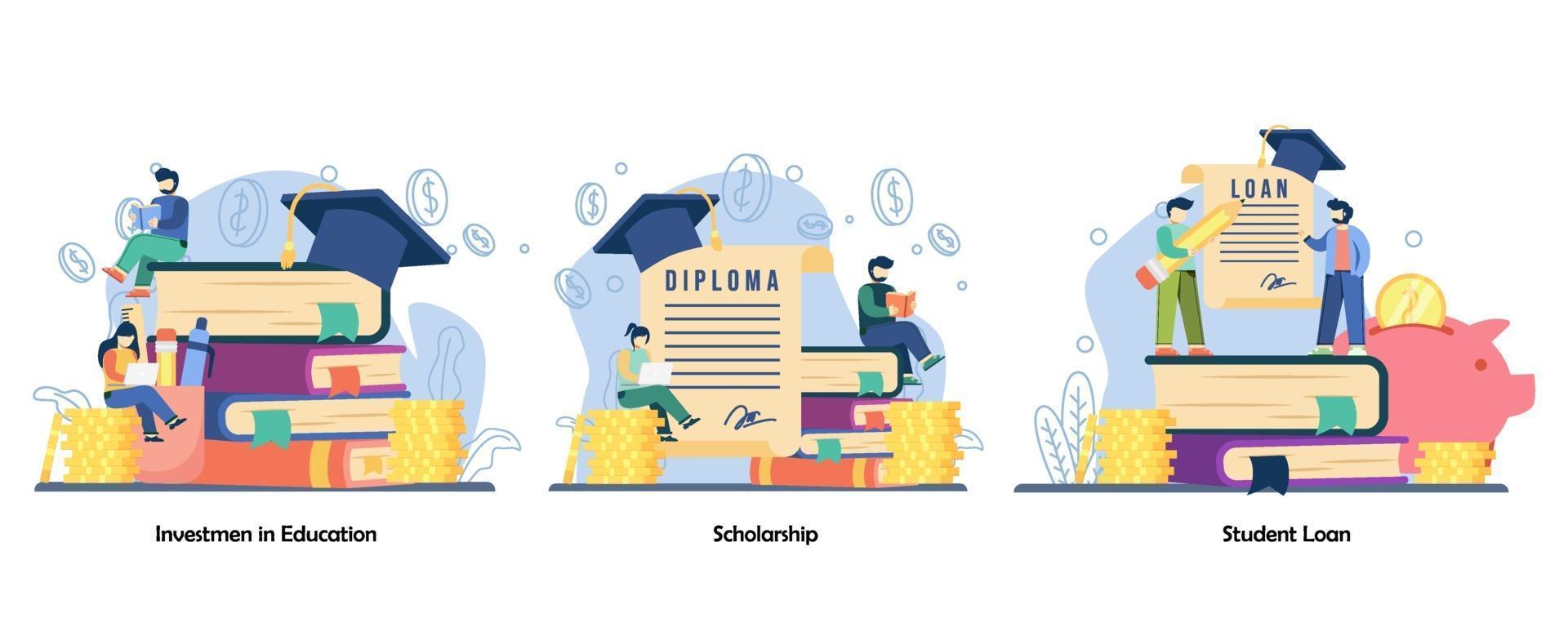 Ahorro de dinero, recompensa de educación, conjunto de iconos de intercambio de estudiantes. Inversión en educación, becas, préstamos estudiantiles.Diseño plano vectorial aislado concepto metáfora ilustraciones vector