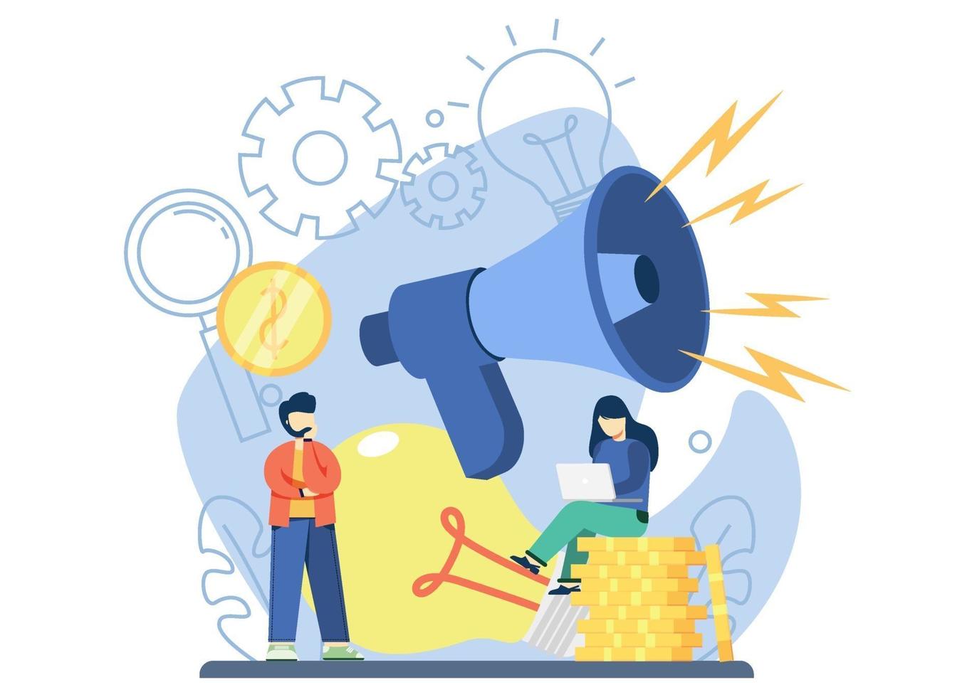 Creative marketing concept. woman sit on stack of coins with big megaphone and lamp. Advertising, promotion, business, social media marketing. vector illustration for banner, web, mobile app