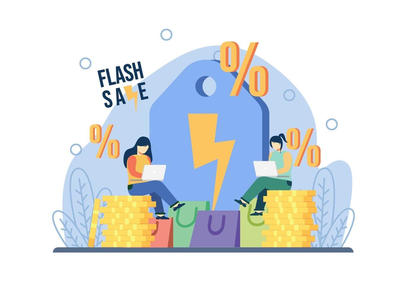 Promoción de comercio electrónico concepto de venta flash. las mujeres se sientan en una pila de monedas con una etiqueta de gran descuento. oferta especial, promoción de tienda de comercio electrónico. se puede utilizar para promoción, póster, banner web, movimiento. vector