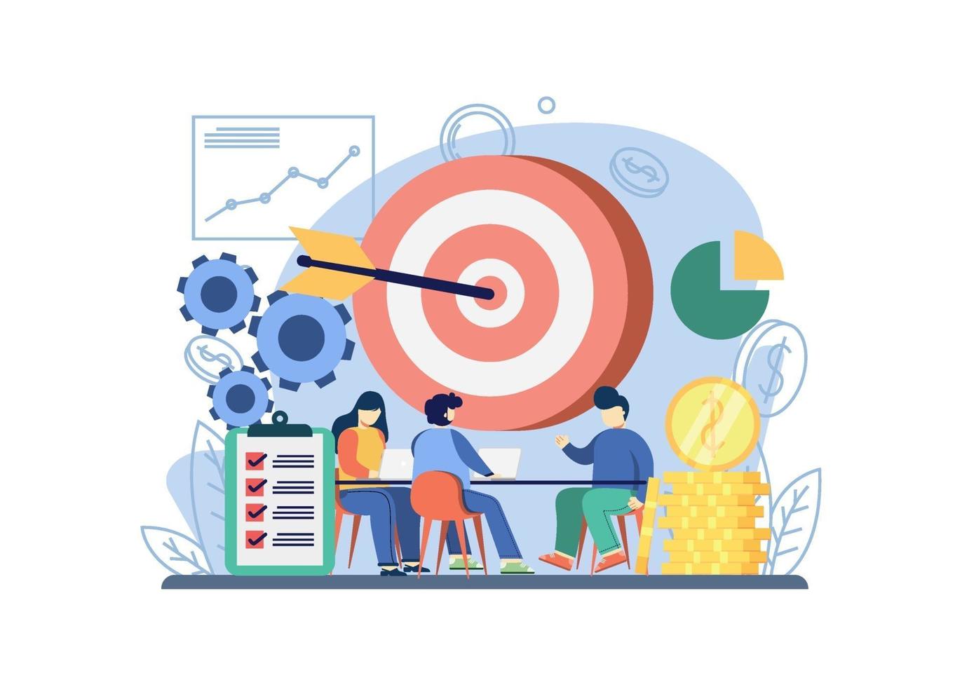 Business strategy concept. people discuss business strategy with big target. Business idea, strategy and solution, problem solving, decision making. Graphic design for web, mobile apps, banner. vector