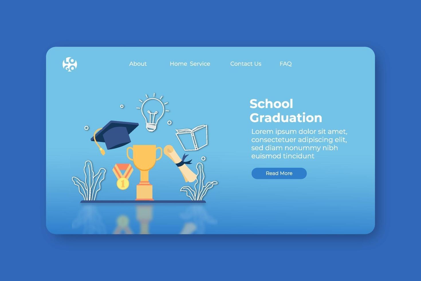 Ilustración de vector de diseño plano moderno. Página de inicio de graduación de la escuela y plantilla de banner web. conocimiento y éxito, educación, logros de aprendizaje, graduación, trofeo y gorra de graduación