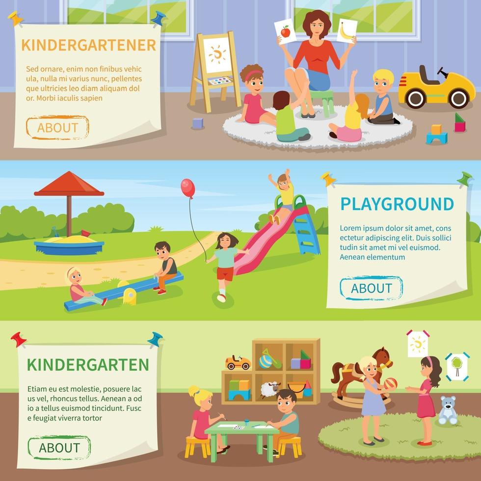 Banners planos de niñera de jardín de infantes vector