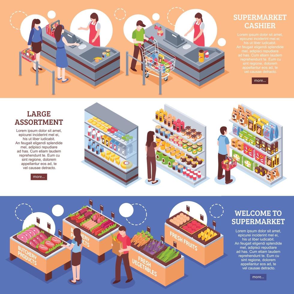 isometric supermarket horizontal banners vector