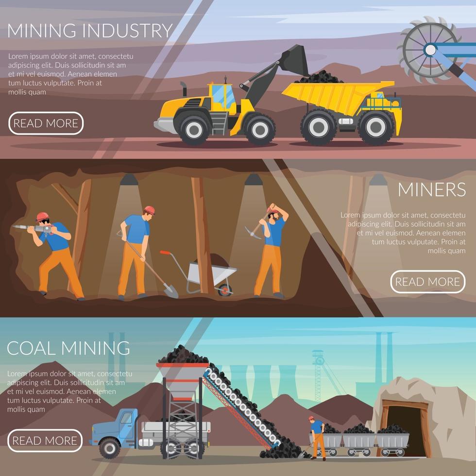 miner mining flat banners vector