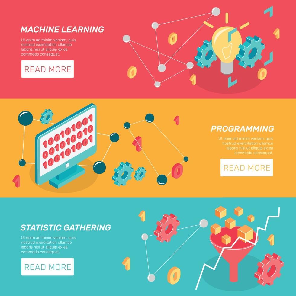machine learning isometric banners vector