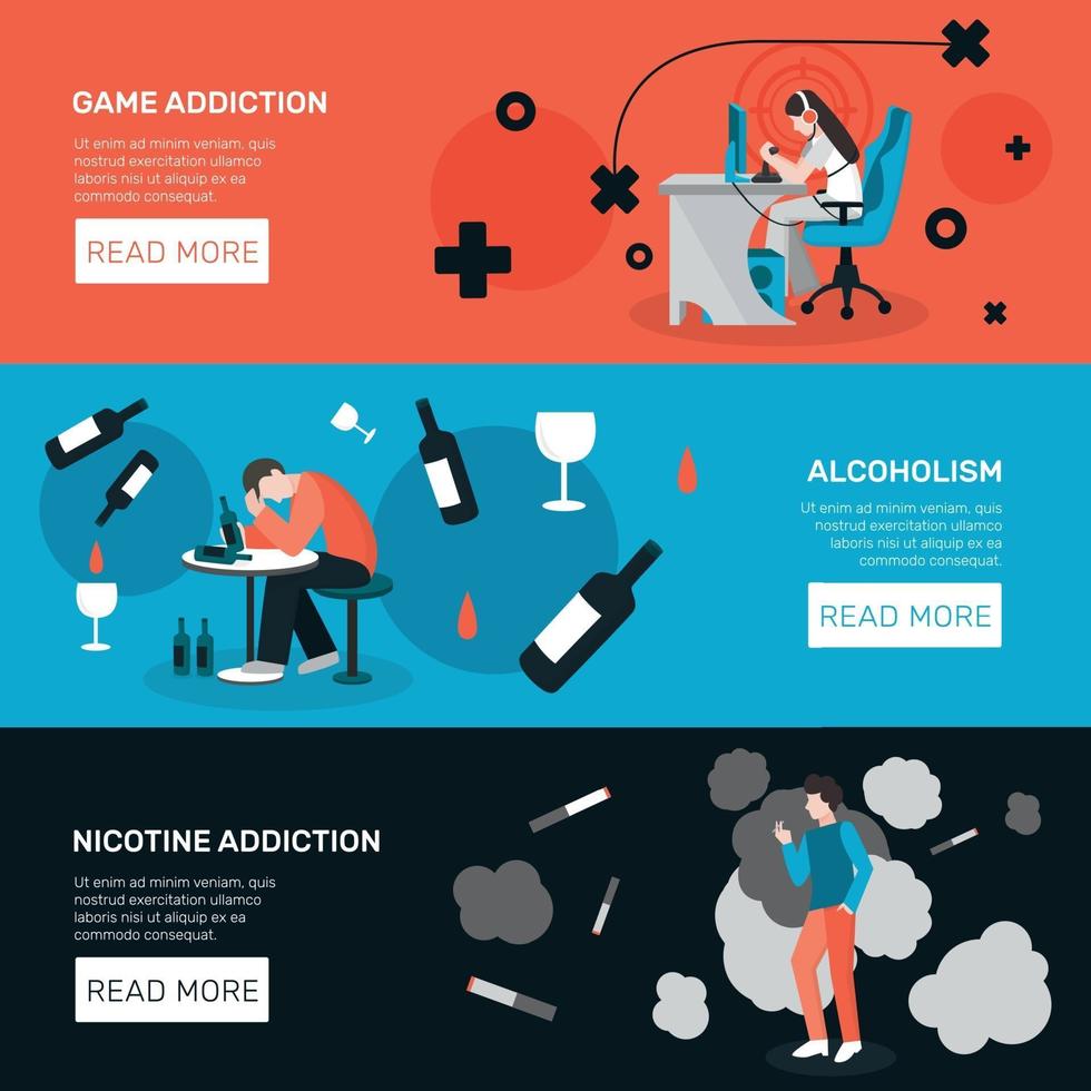 addictions people flat banners vector