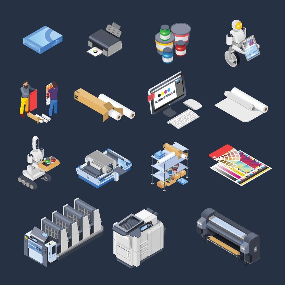 imprenta, poligrafía, industria, isométrico, iconos vector