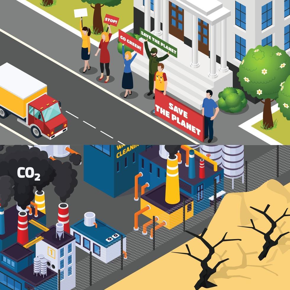 global warming climate change orthogonal flat banners vector