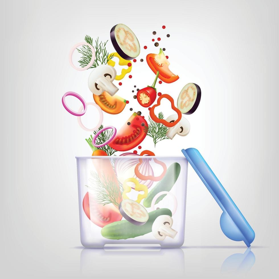 plastic food containers and vegetables realistic vector