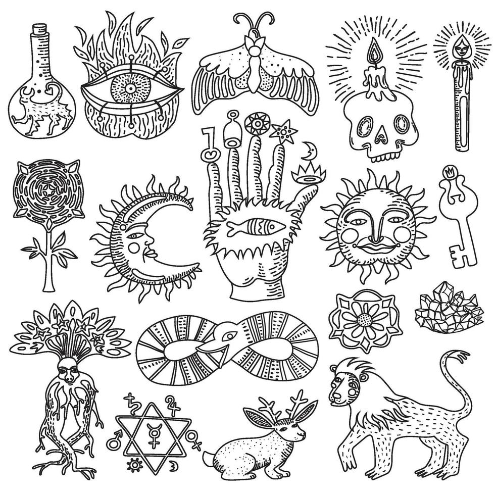 trendy alchemy magic religion tattoo outlines set vector