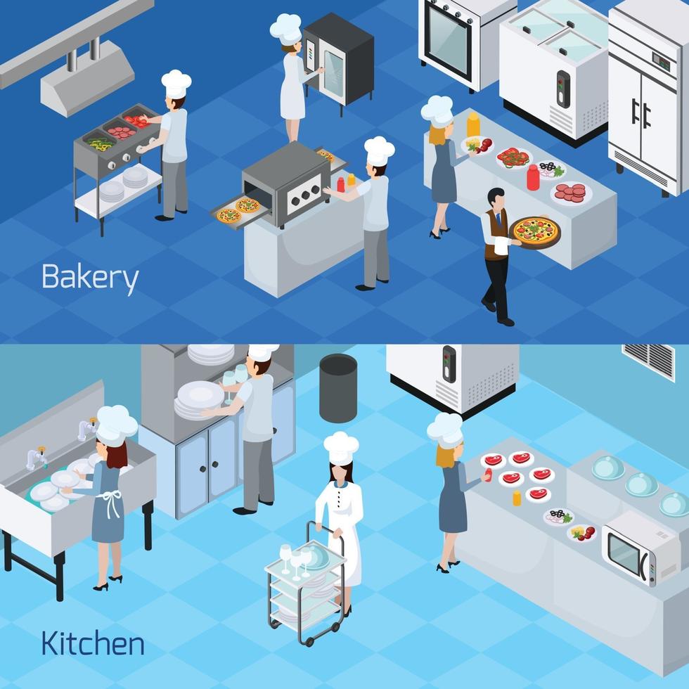 Professional kitchen interior horisontal banners vector