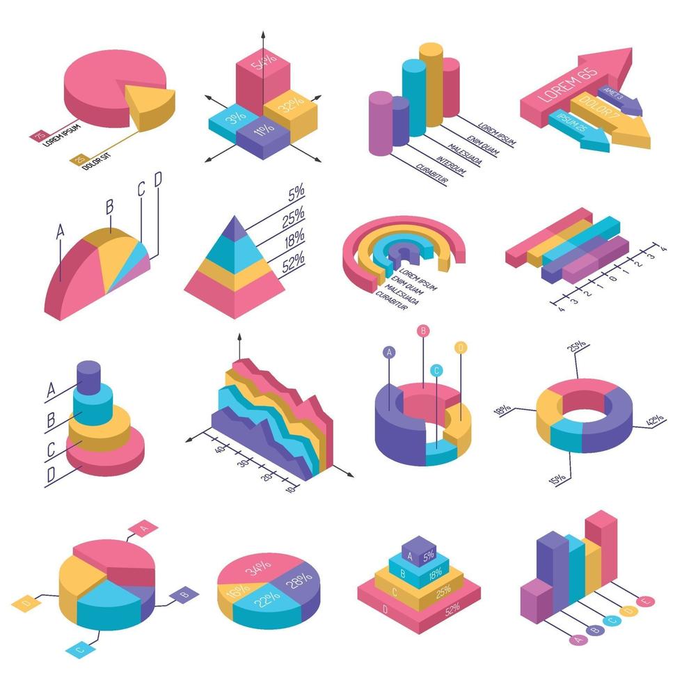 isometric diagrams infographics set vector