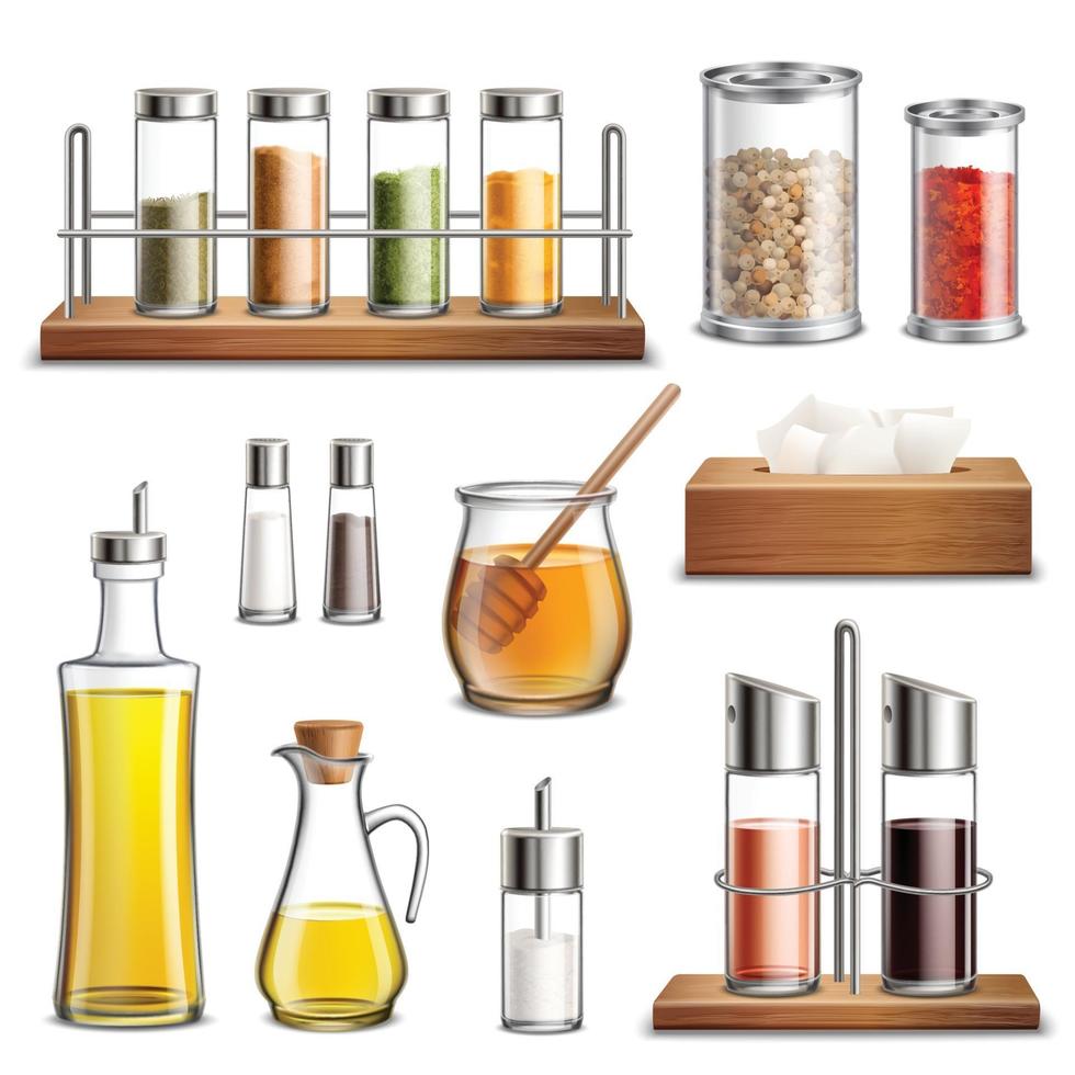 seasoning spice jars kitchen herbs cookery realistic set vector