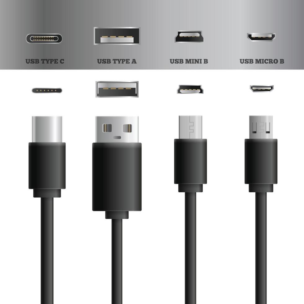 realistic usb cable connectors types vector