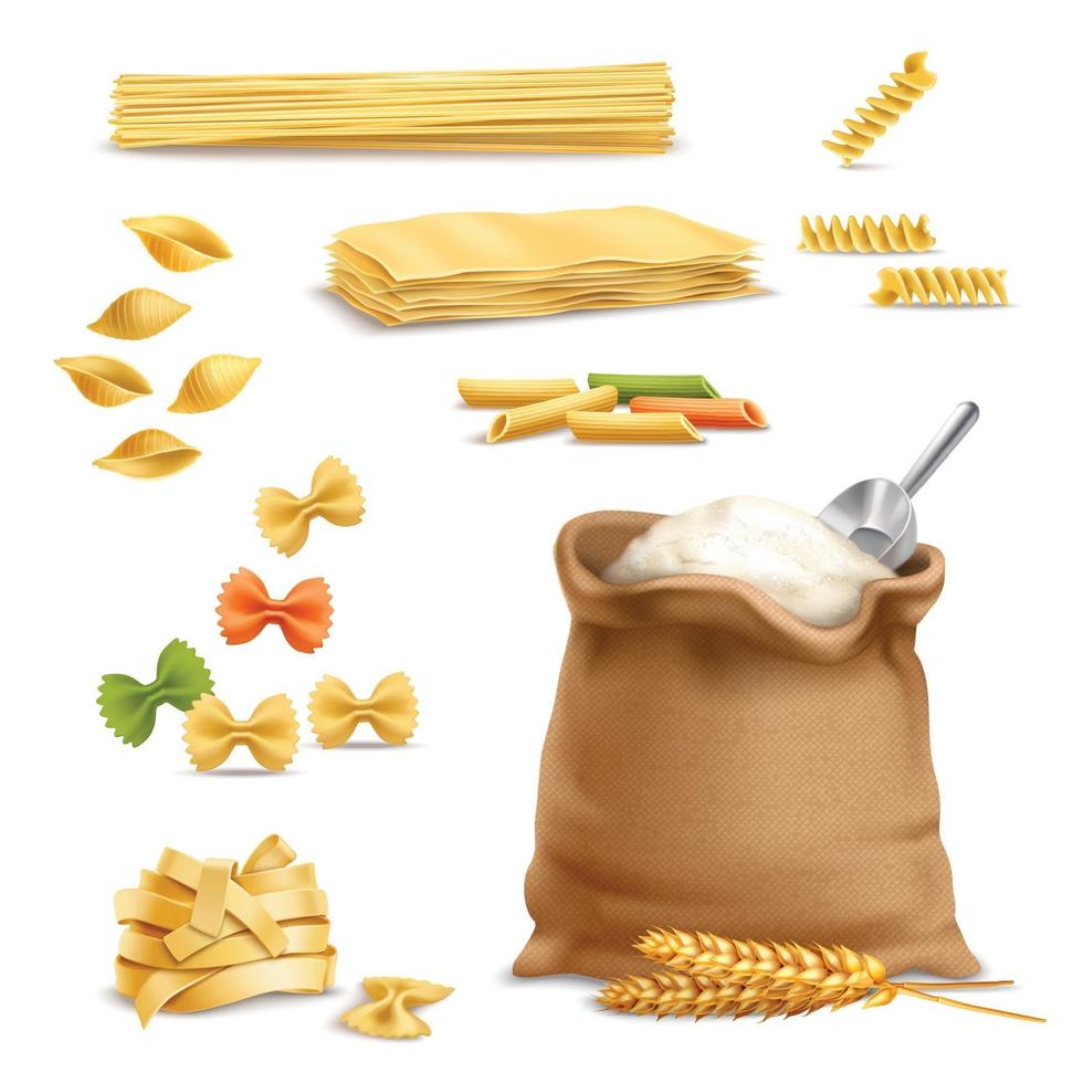 flour, pasta and wheat spikelets realistic vector