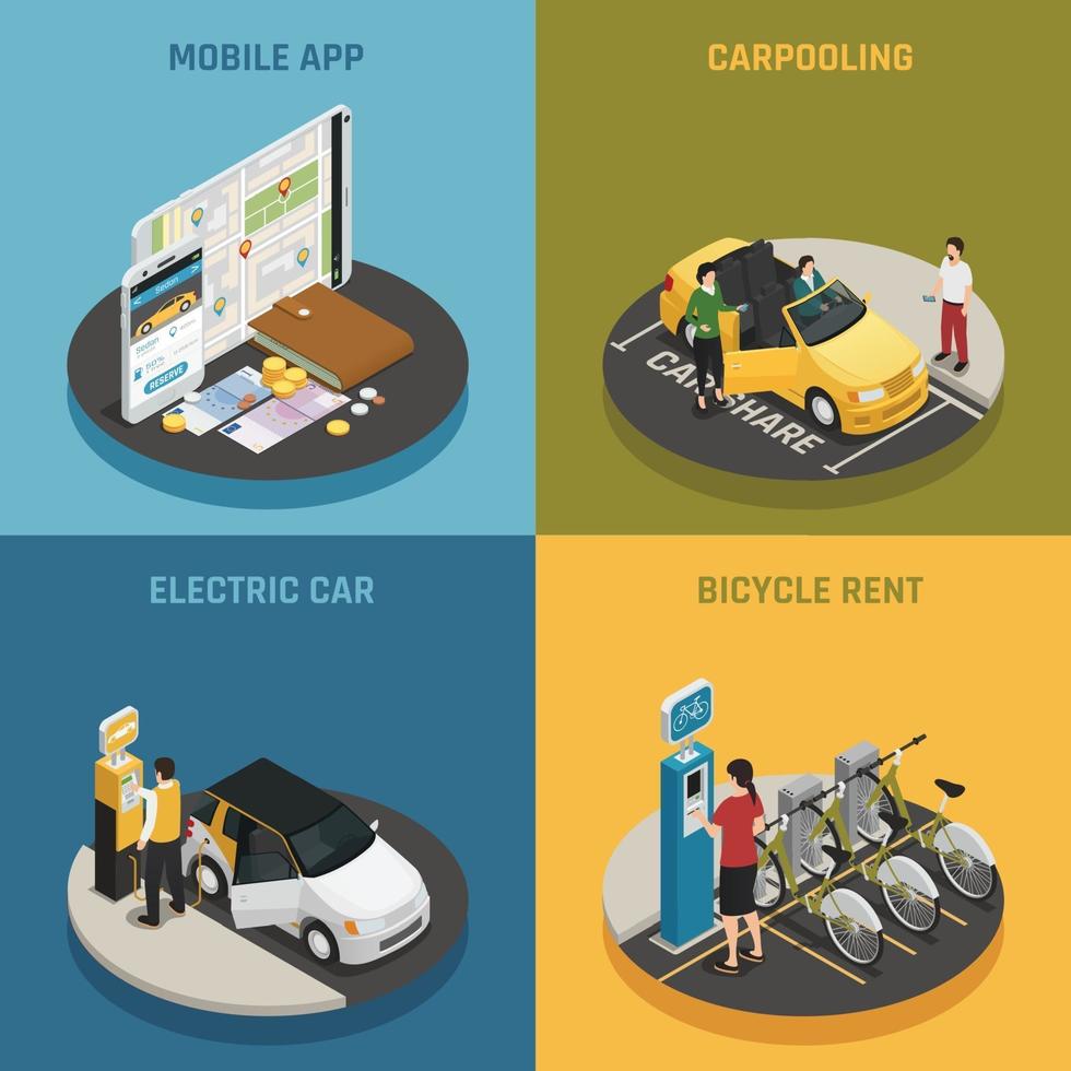 carsharing carpooling ridesharing isometric 2x2 vector