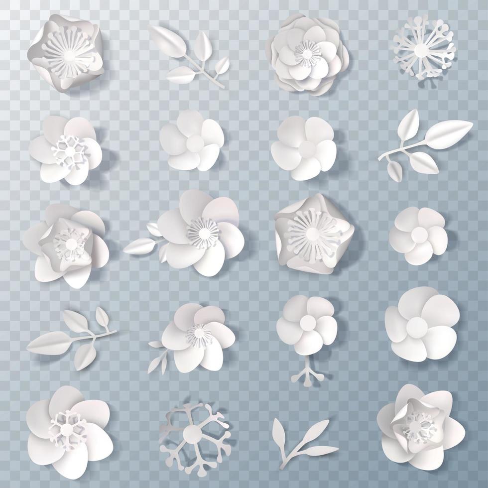 Conjunto de flores de papel blanco realista 3d vector