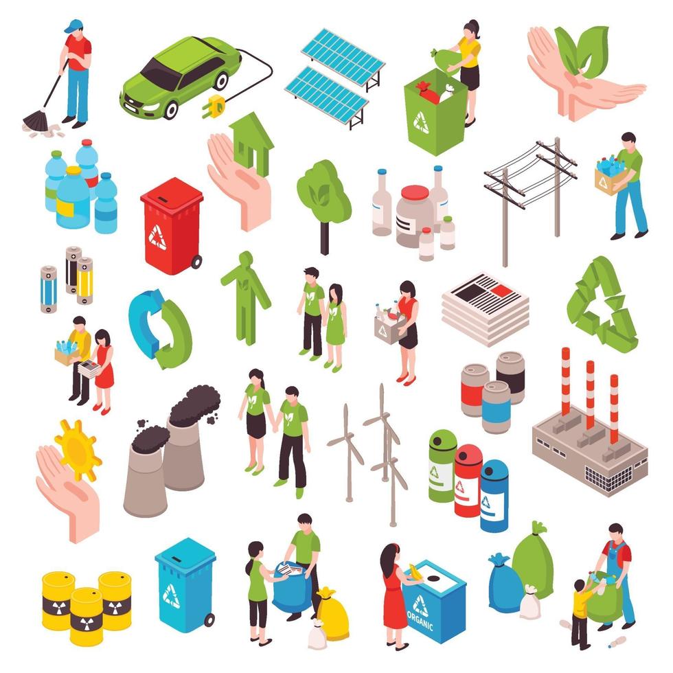 isometric garbage ecology set vector