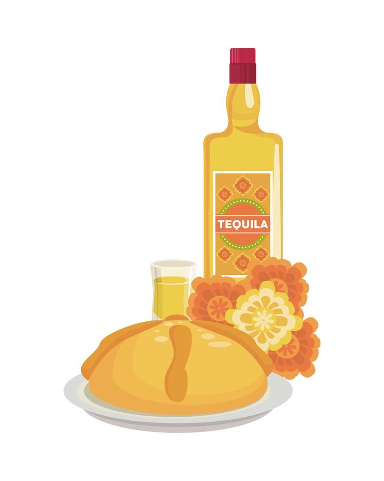 tequila bottle and cup with flowers vector