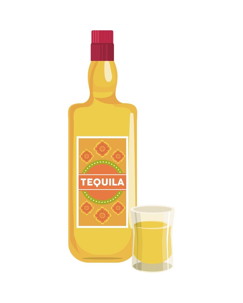 mexican tequila bottle and cup flat style icon vector