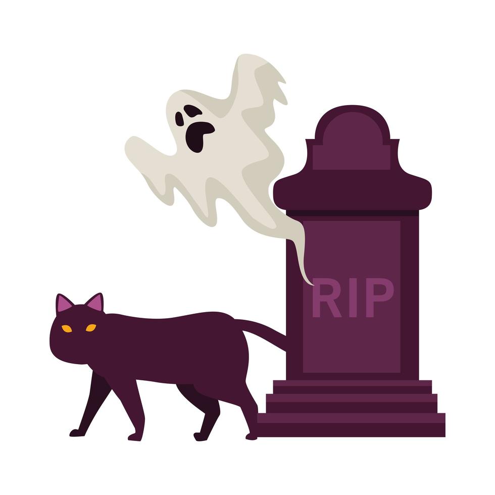 cemetery tomb with rip word and ghost and cat vector