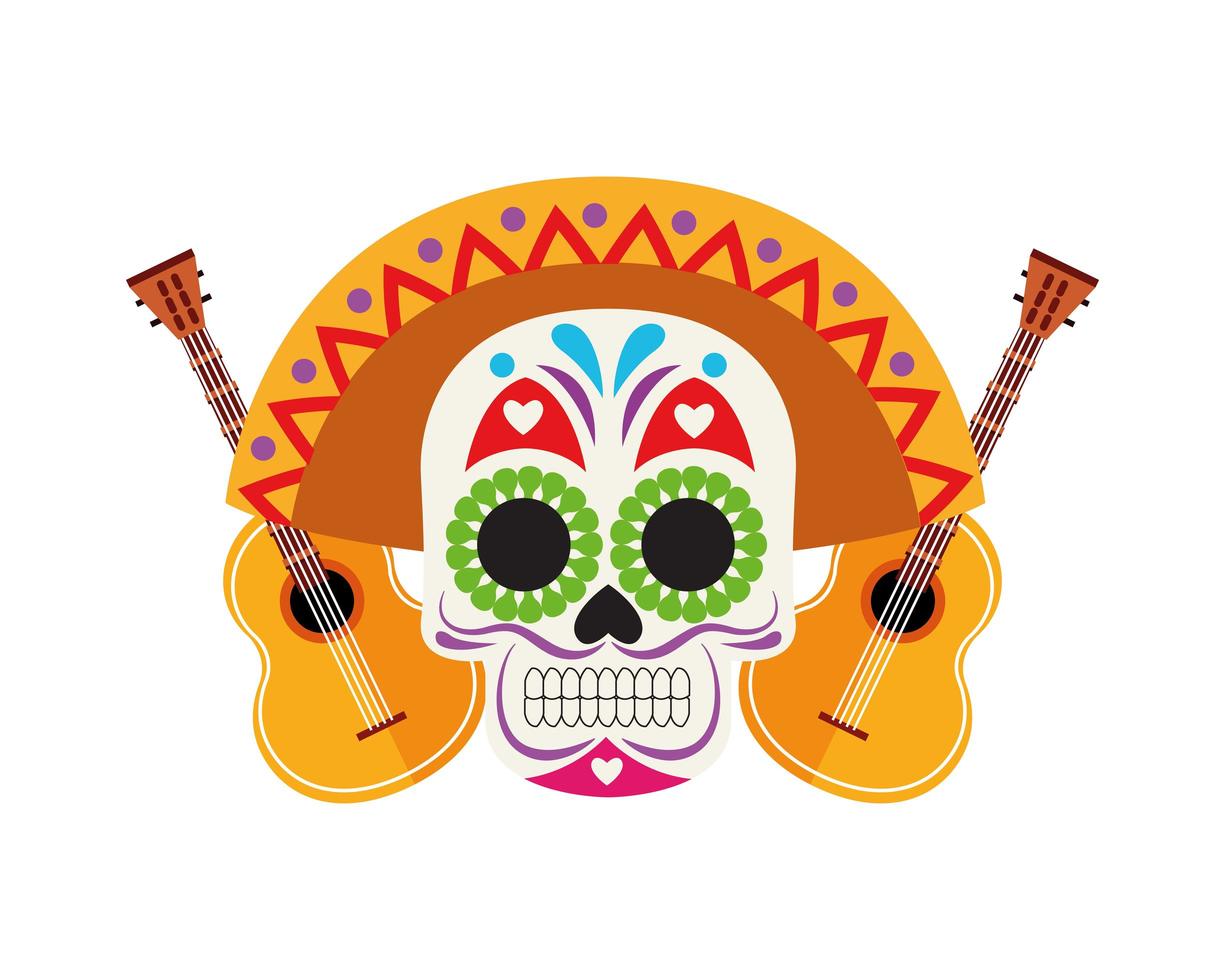 traditional mexican skull head with mariachi hat and guitars vector