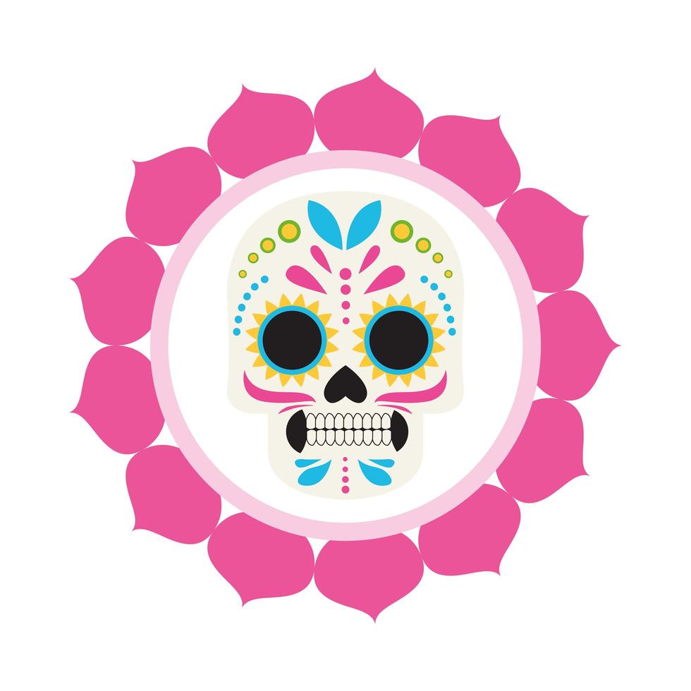 traditional mexican skull head with petals frame vector