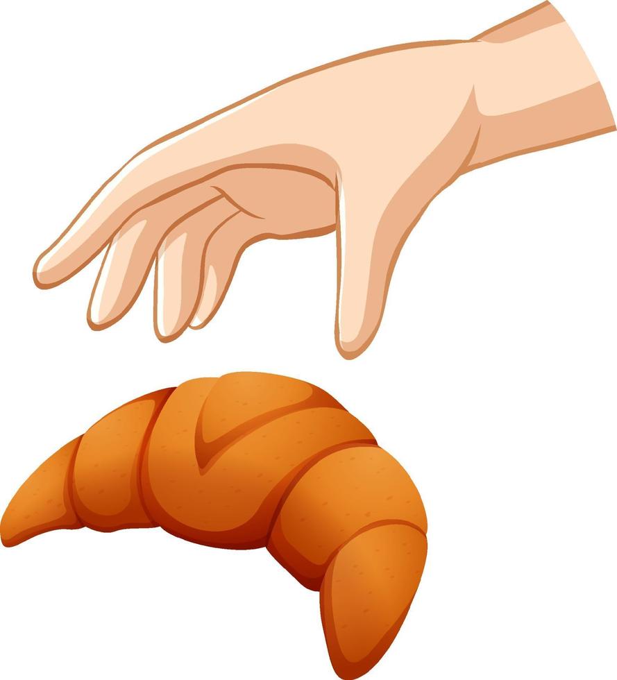 Mano tratando de agarrar croissant sobre fondo blanco. vector