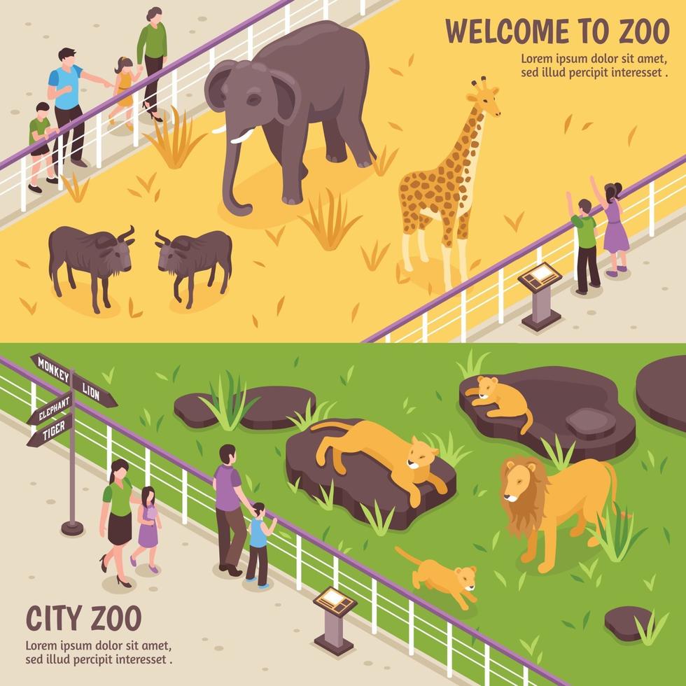 Banners horizontales de zoológico isométrico vector