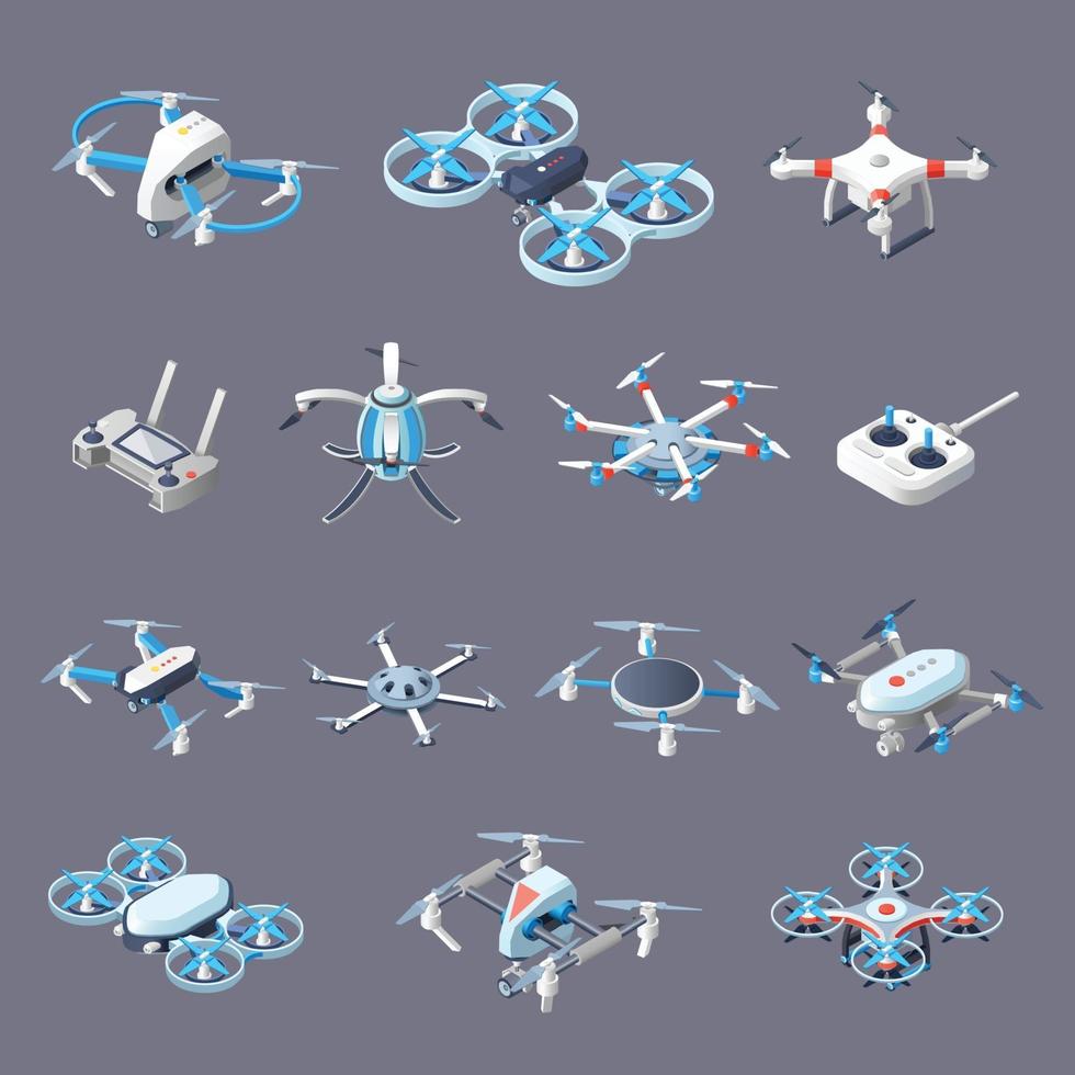 Drones isometric icons with unmanned aircrafts vector