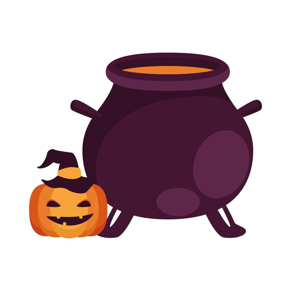 calabaza de halloween con sombrero de bruja y caldero vector