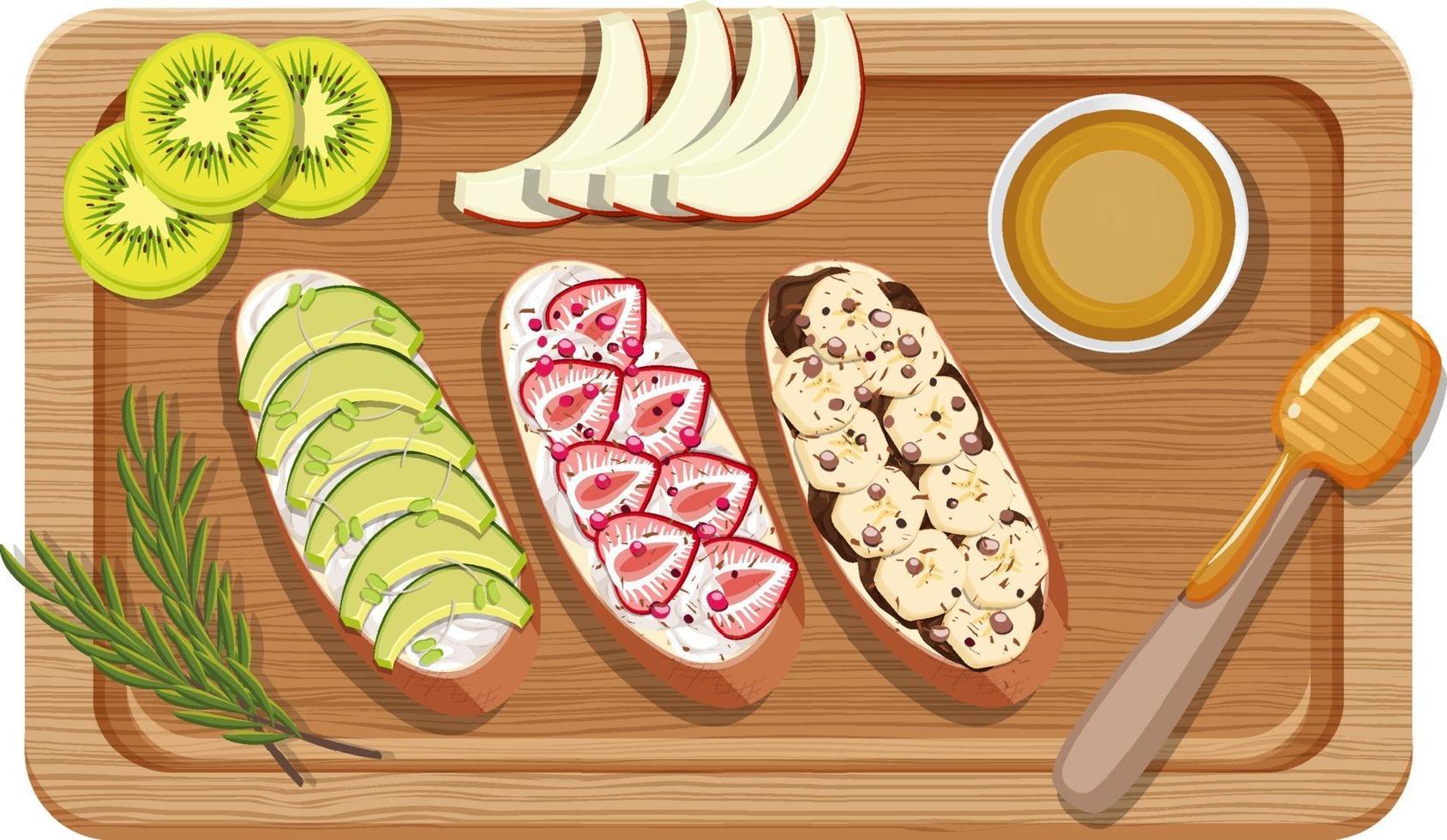 Top view of bruschetta set with fruit on a cutting board isolated vector