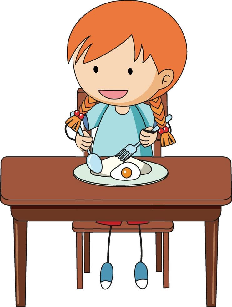 A girl having breakfast doodle cartoon character isolated vector