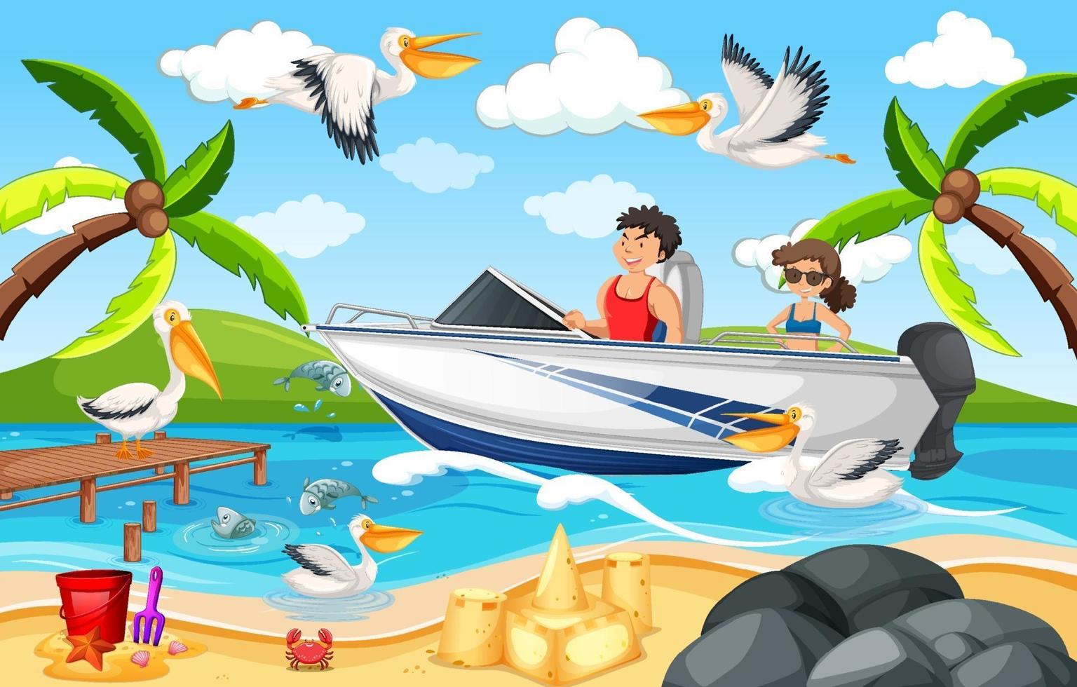 Beach scene with a couple on a boat vector