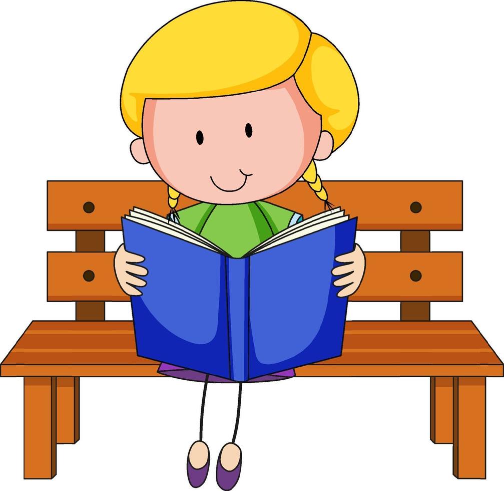 Cute girl reading book doodle cartoon character vector