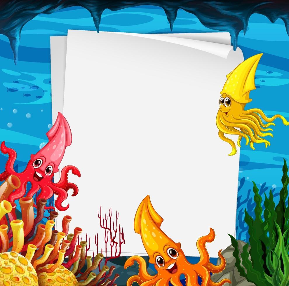 Plantilla de papel en blanco con muchos personajes de dibujos animados de calamares en la escena submarina vector