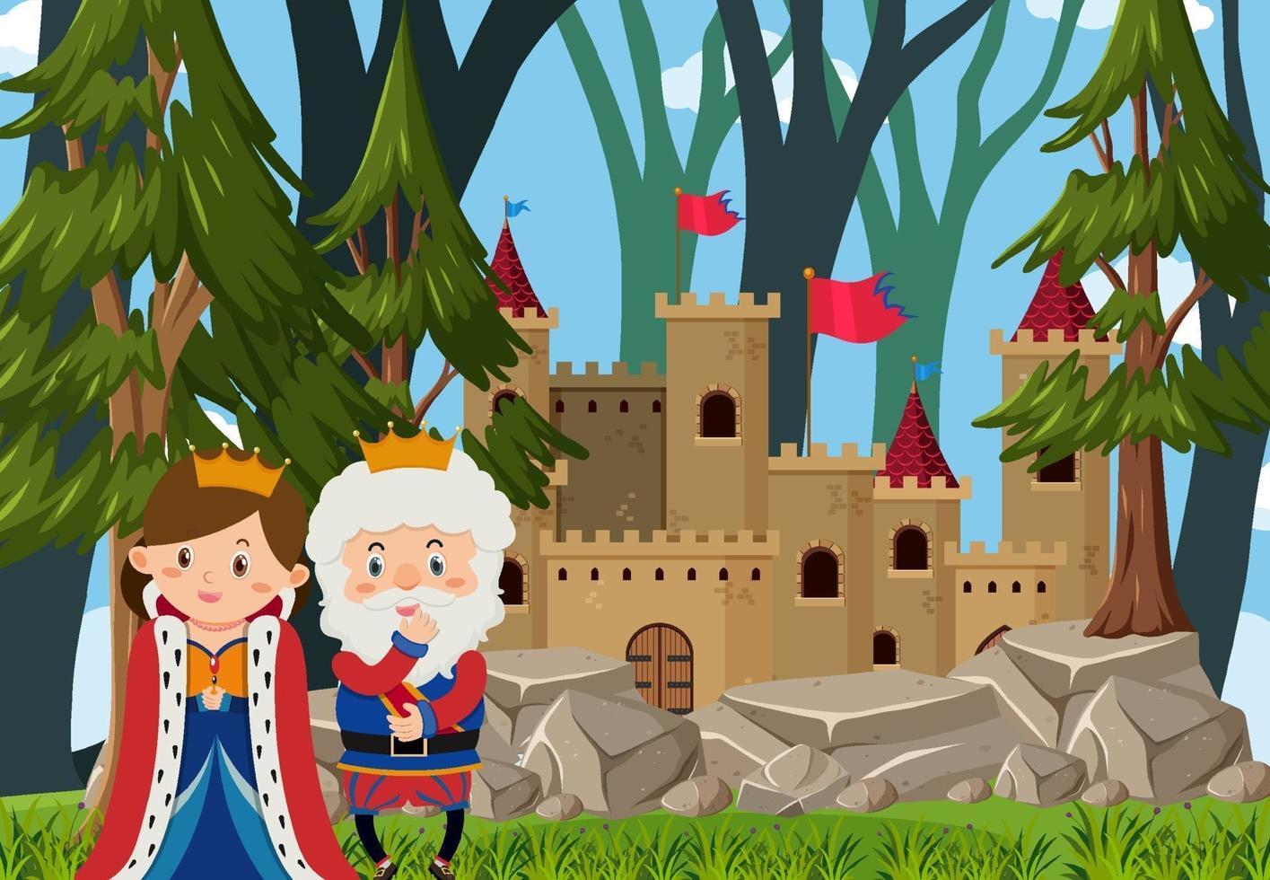 escena del castillo al aire libre con rey y reina personaje de dibujos animados vector