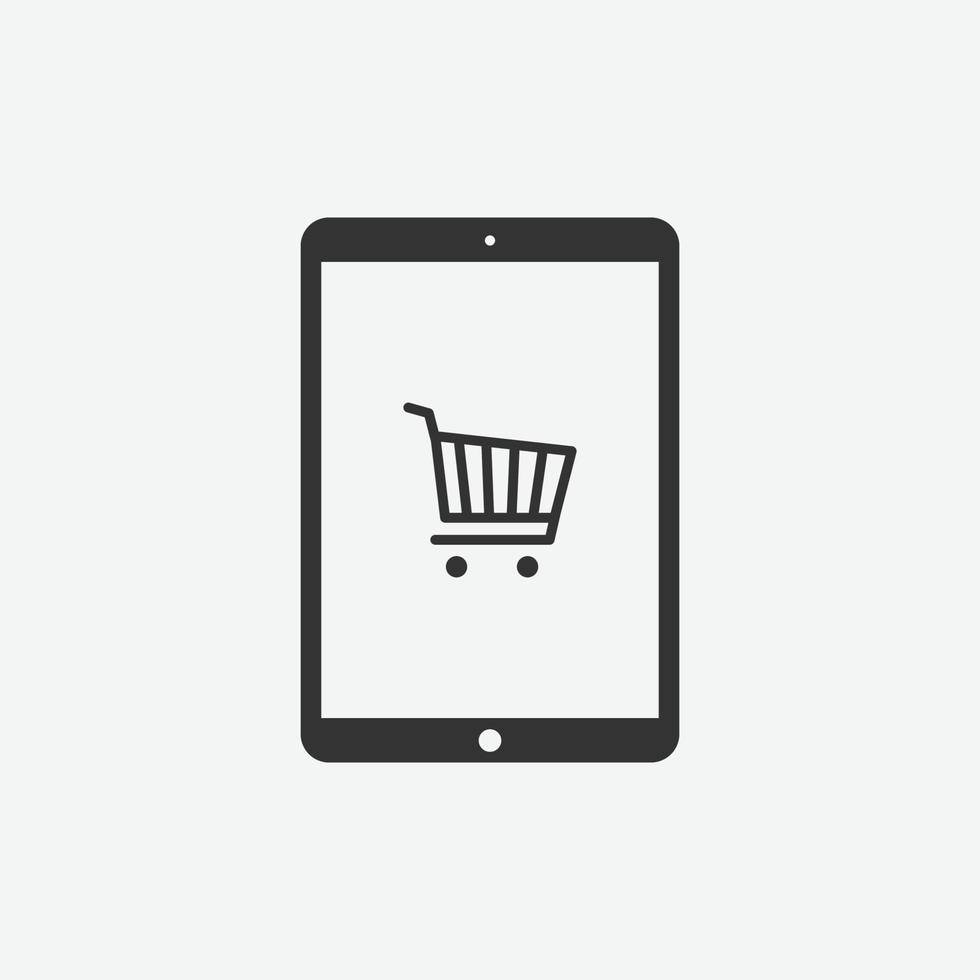 Vector illustration of tablet with basket icon on grey background