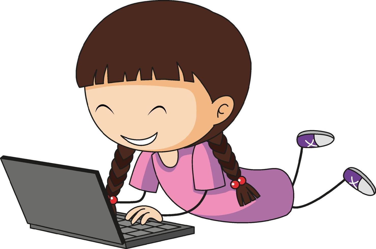 A doodle kid using laptop cartoon character isolated vector