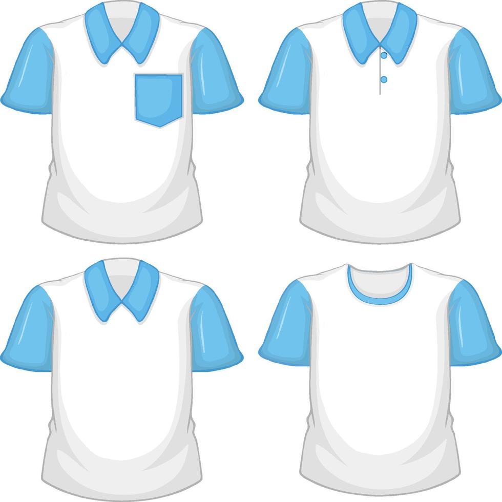 Conjunto de diferentes camisas blancas con mangas cortas azul aislado sobre fondo blanco. vector