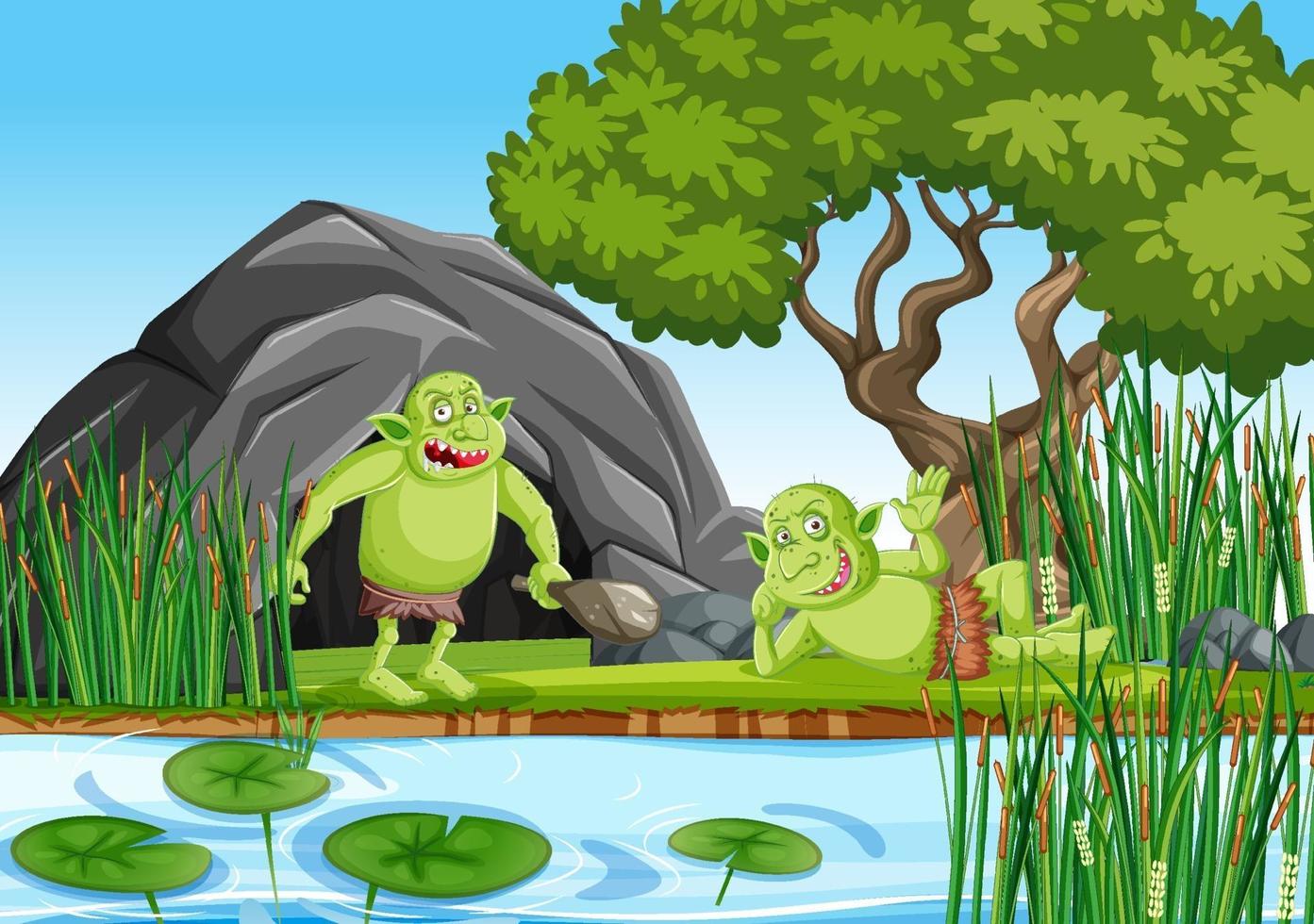 Outdoor scene with goblin or troll cartoon character vector