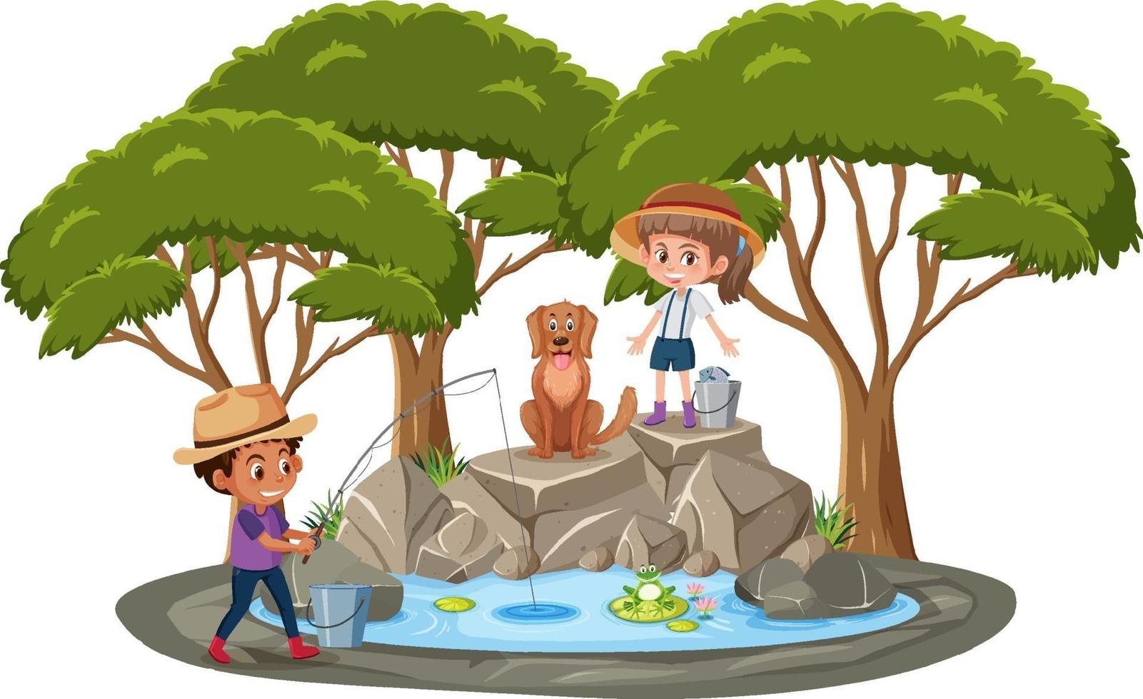 Isolated scene with children fishing at the pond vector