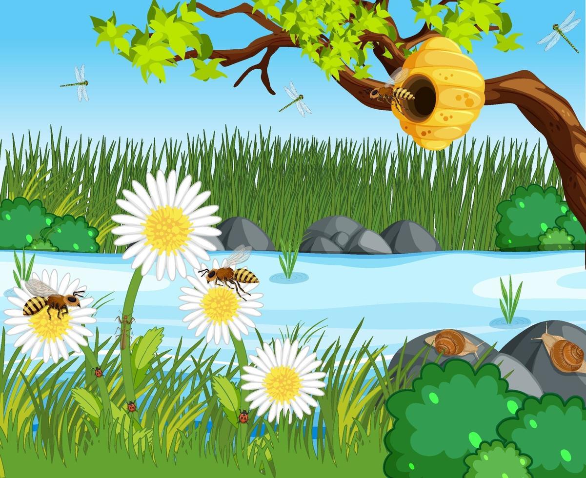 escena de la naturaleza con muchas abejas en el bosque. vector