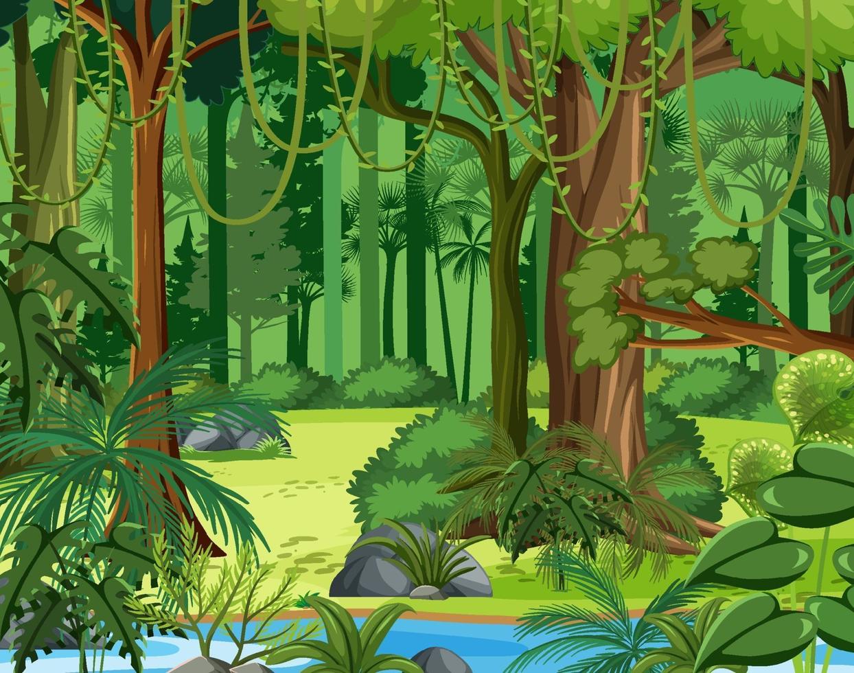 escena de la selva con lianas y muchos árboles. vector