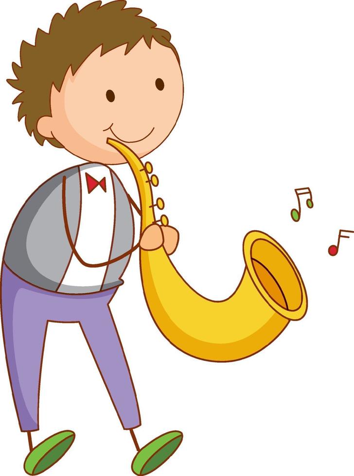 A doodle kid playing saxophone cartoon character isolated vector