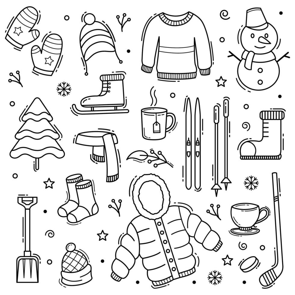 Winter doodle hand drawn objects with line art style vector