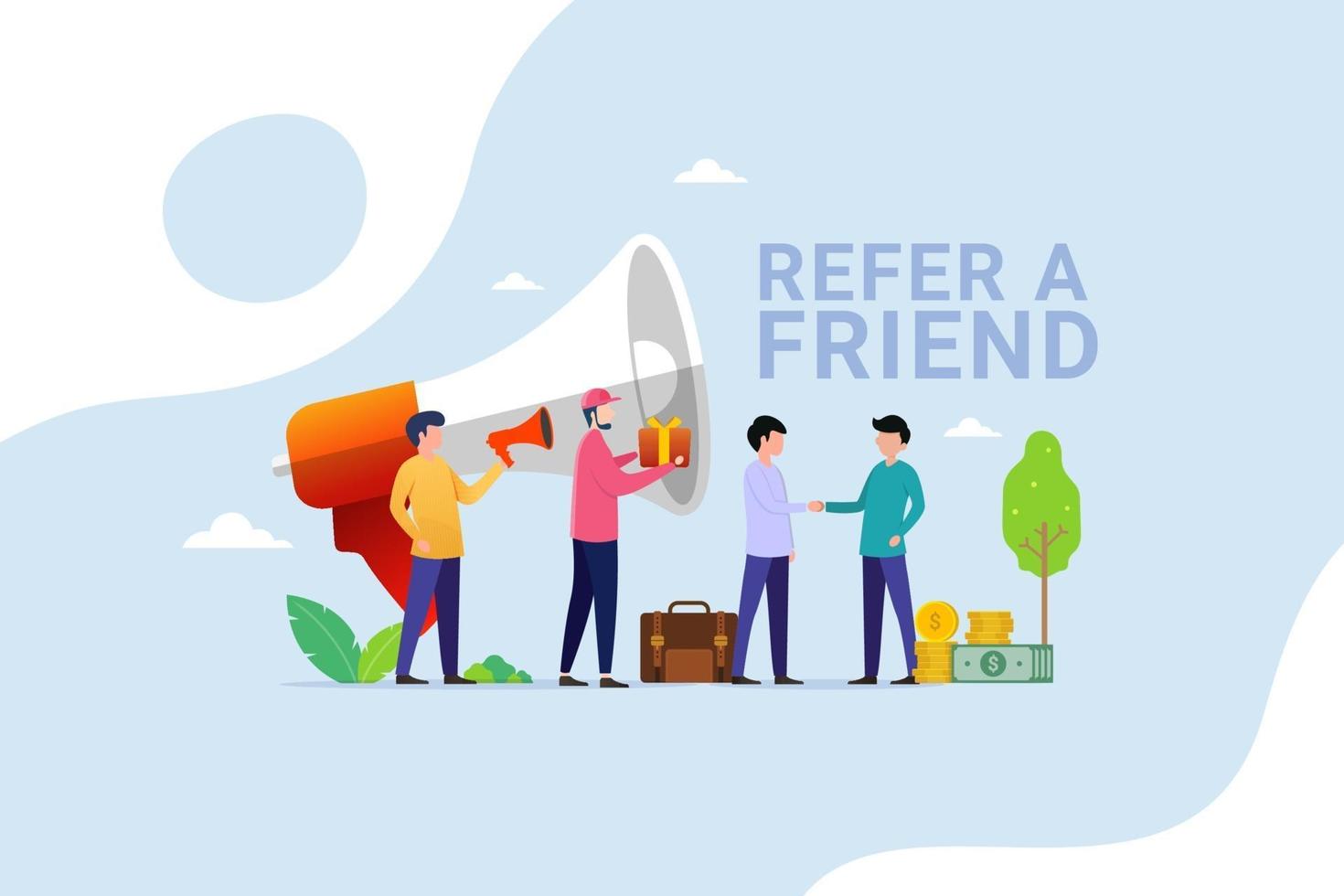 People shout on megaphone with Refer a friend and get rewarded vector