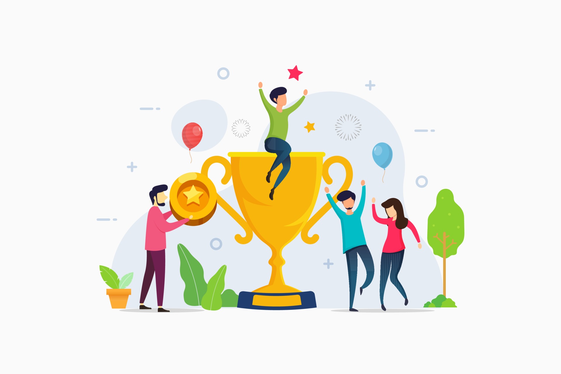 Teamwork success achievement get big award trophy vector illustration ...