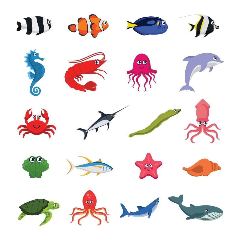 Sea animals collection colorful vector illustration isolated on white  background 1993259 Vector Art at Vecteezy