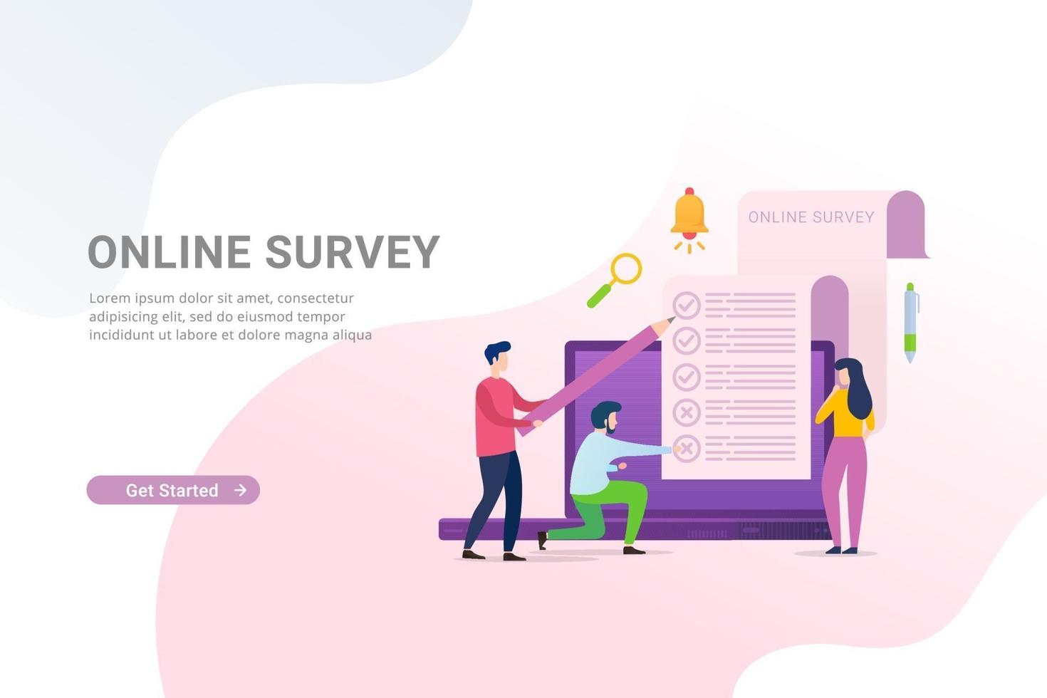 Online survey and polling with people filling survey form on laptop vector